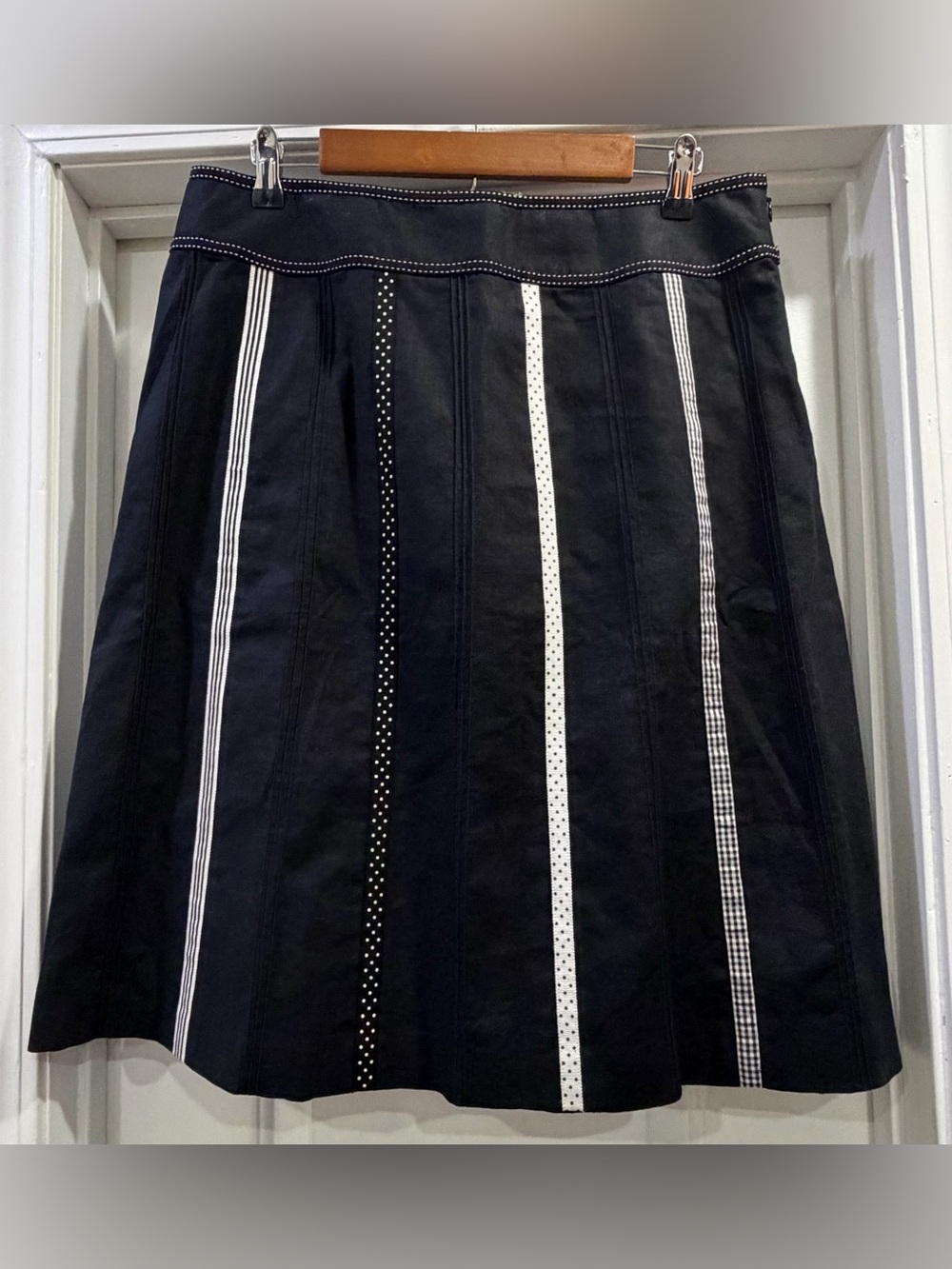 Talbots Petites A-Line Linen Cotton Blend Black Skirt Ribbon Details Size 16